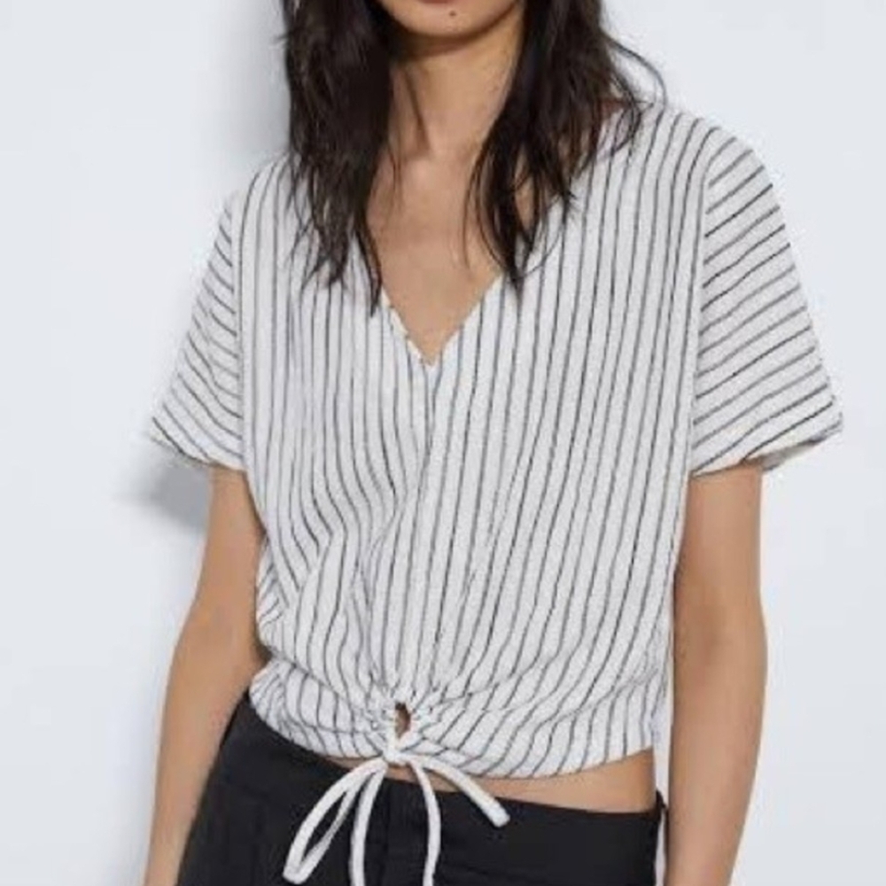 Zara Striped V-Neck Tie-Front Top, Size Small